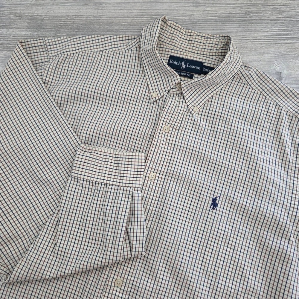 Ralph Lauren Button Down Shirt Cream Plaid Classic Fit Mens XXL